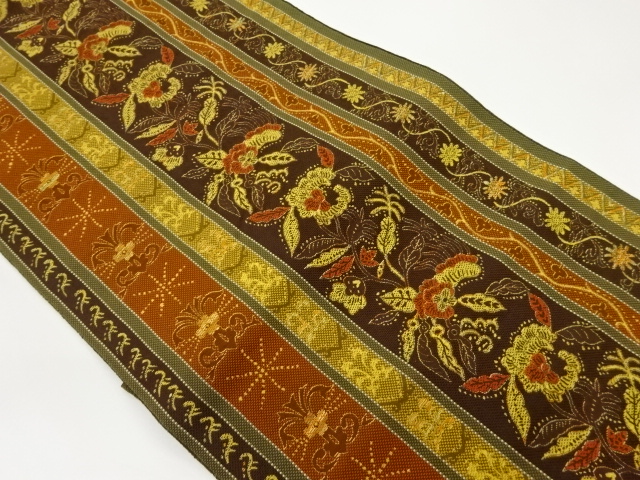 JAPANESE NAGOYA OBI / CHIKUZEN HAKATA / WOVEN FLORAL PLANTS